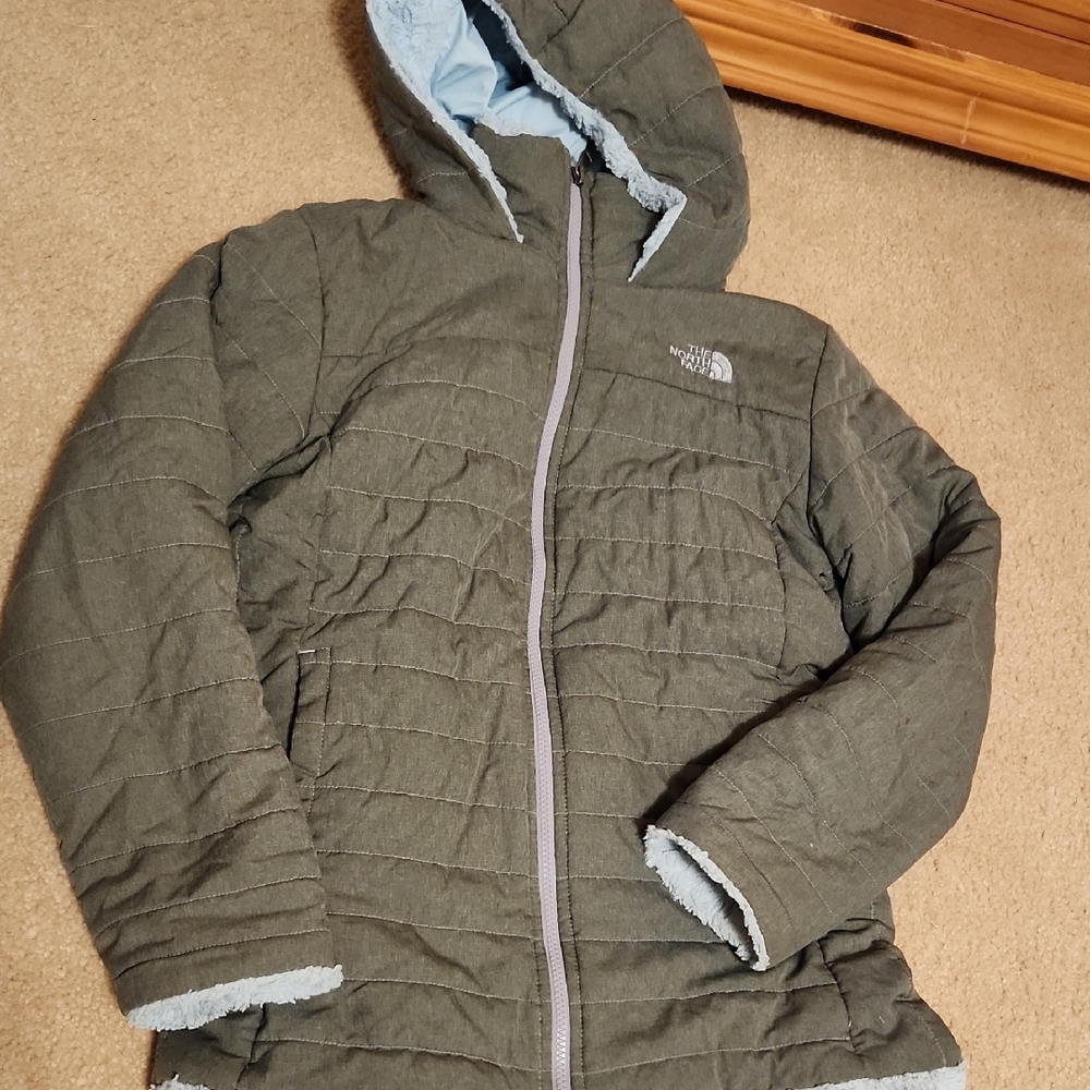 Girls The North Face Olive Quilted Jacket with Light Blue Lining